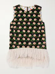 [La DoubleJ] La DoubleJ - La Scala Asymmetric Feather-trimmed Floral-print Cotton-velvet Top - Green - x large x large Green