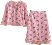 [Mkjuuior] Women's Clothes 2-Piece Lace Shirt Top + A-Line Skirt Elegant Ladies Suit