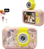 ZAPFEPU Kids Camera, 2.4 Inch IPS Screen 1080P Video Recorder with 32GB Card, Children's Selfie Camera, Toy 3-9 Years (Pink)