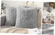 Pack of 2 Grey Throw Pillow Covers Luxury Fluffy Pillows Faux Fur Decorative