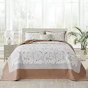CozyStitch Oversized King Bedspread 120"x120" - 100% Cotton Lightweight All-Season Quilted Coverlet with Vine Floral Design - Elegant Farmhouse & Modern Bedding - California King Quilt Brown/White