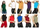 Ladies Women Sleeveless Plain Polo Turtle Neck Stretch Bodycon T-Shirt Top
