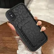 MOWIME Compatible with iPhone Xs Max Case with Card Holder, Cheetah Print Shockproof Soft TPU Protective Case Women Girls, Anti Scratch Wallet Case for iPhone Xs Max 6.5 Inch, Black