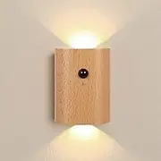 Meomchee Wall Sconces Motion Sensor Night Light Battery Operated Lights, Magnetic Rechargeable Up Down LED Light for Bedroom Hallway Stairway, 360°Free Rotations, White Ash Wood