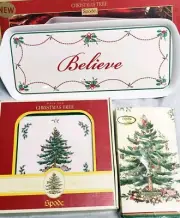 Spode Christmas Tree Lot Bundle Wood Square Ceramic Trivet Napkins Serving Tray