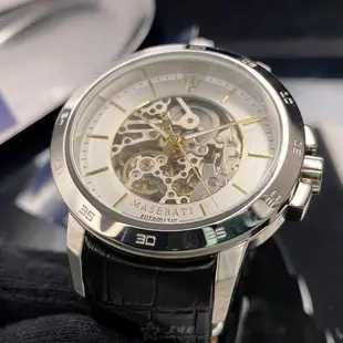 MASERATI 瑪莎拉蒂男錶 46mm 銀圓形精鋼錶殼 白色雙面機械鏤空鏤空中三針顯示錶面款 R8821119002
