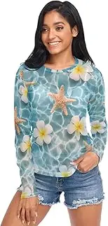 [RPLIFE] Starfish Flowers Ocean Blue Womens Mesh Top, Sheer Long Sleeve Top S-XXL