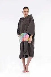 NUZAMAS Surf Cape Change Clothes 3/4 Sleeve Quick Dry Robe Hooded Microfiber Beach Towel with Flower Rainbow Bag for Surfing Beach Swimming