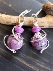 UNIQUE PURPLE/15mm PURPLE MOSAIC HOWLITE BEAD/SILVER WIRE WRAP DESIGN EARRINGS