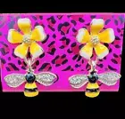 Delightful Bumble Honey BEE Rhinestone FLOWER Enamel Betsey Johnson Earrings