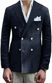 [VENNYNG] Men's Linen Blazer Summer Jacket Beach Casual Sport Coat Tailored Fit Double Breasted Blazer Six-Buttons