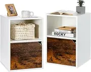 2Pcs End Side Table, 2-Tier Bedside Table Nightstand, w/ 1 Open Shelf & Door Cabinet, Industrial & Modern, Wooden Sofa Side Table, for Home Office Living Room, Bedroom, Study Room, Black/White/Rustic Brown (White)