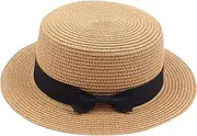 [FUDERU] Summer Straw Hat Fedora Hats for Kids Girl Flat Top Hats Pork Pie Hat Wide Brim Church Hat Boater Cap