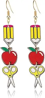 [LPYO] Handmade Wooden Pencil Drop Earring Lightweight Apple Rainbow Pencil Dinosaur Book Wood Earrings Funny Caterpillar Teacher Student Dangle Earrings for Women Back to School Gift