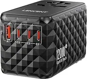 LENCENT 120W GaN Travel Adapter with 3 USB-C PD & USB-A Ports, Universal Power Adapter for 200+ Countries, UK/EU/AUS/US Compatible