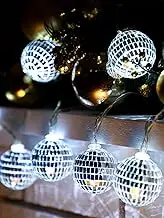 BBTO 10 LED Disco Ball String Lights - Indoor/Outdoor, Silver & White, 2700K, Water Resistant, Battery Powered (2 AAA), 14.2" Length