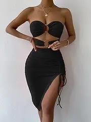 Haoyuce Womens Summer Deep V Neck Sexy Ring Cut Out Front Split Thigh Tube Dress Mini Short Dresses (Color : Black, Size : Large)