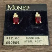 Monet Gold Plated Stud Earrings Faux Ruby & Cubic Zirconia Pierced Vintage