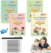 Lunyloer Magic Grooved Practice Copybook, 4 Reusable Grooved Hand Writing Books for Kids with Handwriting Aid Learn to Write Age 3-8(4 Books + 1 Fountain Pen + 10 Refills)