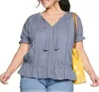 SONOMA Drop Waist Top Elastic Cuffs Raglan Short Sleeves Tassle 2X Mauve Plum