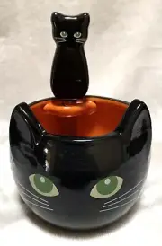 NEW Halloween BLACK CAT Dip/Spread 3D Ceramic Bowl w/Matching Spreading Knife