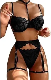 [Generic] Sexy Choker Floral Lace Underwire Push Up Garter Belt Lingerie Set for Women Sheer Bra and Panty 3 Piece
