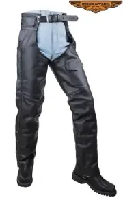 Black Quality Split Leather Men's Motorcycle Biker Braided Chaps W/ Mesh lining
