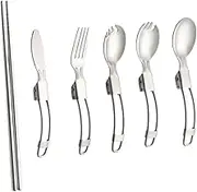 HOLIDYOYO Stainless Steel Folding Cutlery Set Piece Outdoor Tableware Portable Fork Spoon for Camping Hiking