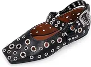[100FIXEO] Women's Buckle Ballet Flats Punk Square Toe Studded Grommet Mary Jane Shoes