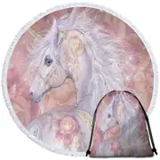 Fantasy Art Rosy Magical Unicorn and Roses Round Beach Towel