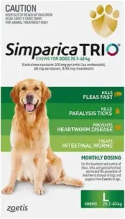 Simparica Trio Flea, Tick and Worming Chews for Dogs 20.1-40 Kg, Green (Pack of