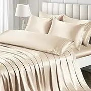 7 Pieces Satin Sheets Set Queen Size, Luxury Silky Beige Satin Bed Sheets Set with 1 Deep Pocket Fitted Sheet, 1 Soft Flat Sheet, 4 Queen Pillowcases and 1 Body Pillowcase