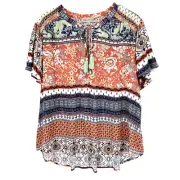 One World Live & Let Live Size 3X Peasant Boho Blouse Short Flutter Sleeves