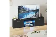 Advwin TV Cabinet Entertainment Unit 160cm Television Stand with RGB LED Lights Glass Shelf & Storage Black