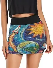 [RPLIFE] Earth Rockets Ship Blue Womes Mini Skirt, Athletic Skorts, High Waisted Skirts for Women Tummy Control