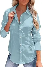 [Generic] Button Down Dress Shirts for Women Long Sleeve Wrinkle Free Shirts Solid Work Business Formal Button Up Shirts, Blue #3, Large