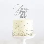 Cake & Candle Happy 21st Birthday Metal Cake Topper Silver Contemporary Plated Decoration Reusable Elegant Statement 21st Number Cake Topper for Creation