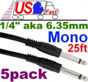 Lot5pk 25ft Mono 1/4"Male~M Guitar/Amp/Microphone/PA Patch/Cable/Cord/Wire,6.3mm