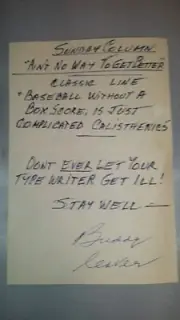 Buddy Lester written note and signed to Jim Murray sports writer 1998