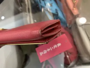 ☆最愛二手精品☆ PRADA 桃紅金字金邊雙釦兩釦牛皮長夾皮夾附卡片夾 1M1132 XC9700