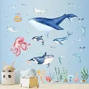 wondever Under The Sea Whale Wall Stickers Ocean Fish Dolphin Peel and Stick Wall Art Decals for Baby Nursery Kids Bedroom Bathroom, (WD-235-0168)