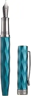 Hongdian N11 Fountain Pen, Titanium-Coated Black Fine Soft Nib, Peacock Blue & Lozenge Geometric Design with Metal Case Set