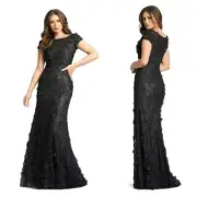 Mac Duggal Women's Gown Floral Appliqué Boat Neck Beaded Lace Black Dress Sz 12