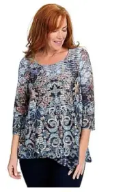 One World Abstract Print 3/4 Sleeve Handkerchief Hem Overlay Ladies Top Navy S