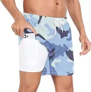 [GuoChe] Men's Swimming Trunks Mens 2 Layer Workout Running Shorts Blue Camo Hawaiian Fish with Phone Pocket Basketball Shorts