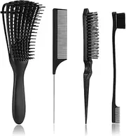 Detangling Brush with Hair Styling Comb Set, Hair Brushes for Women Men Kids Curly Hair, Hair Brush Set include Detangler Brush Teasing Hair Brush Rat Tail Comb Edge Brush (Black)