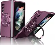 [Asuwish] Phone Case for Samsung Galaxy Z Fold 3 5G 2021 Cover and Magnetic Ring Holder Stand Slim Hard Hybrid Cell Accessories Protective ZFold3 Z3 Fold3 3Z ZFold35G Wireless Charger Women Men WineRed