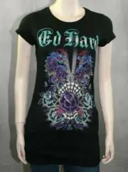 ED Hardy Women's T-shirt Rose Web Double Dragon STONES