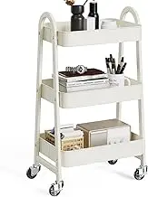 Utility Rolling Cart, 3 Tier Metal Mobile Storage Shelf with Lockable Caster Wheels, Organization for Livingroom, Bathroom, Kitchen, Narrow Places (White)