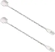 PAMINGONO Cocktail Stirrer Mixing Fork Set 2pcs Stainless Steel Drink Picks and Spoon for Bartenders